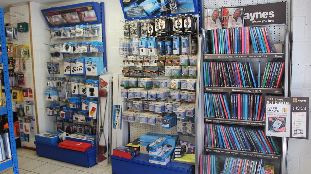 Products on a display shelf in store